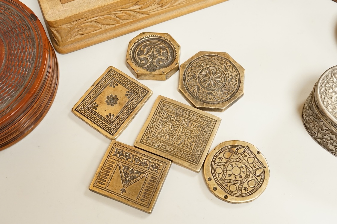 Two treen boxes, a cigarette box, a tortoiseshell box, a military tobacco box, a plated box and various decorative metal panels, CITES Submission reference, KPXPJXQU